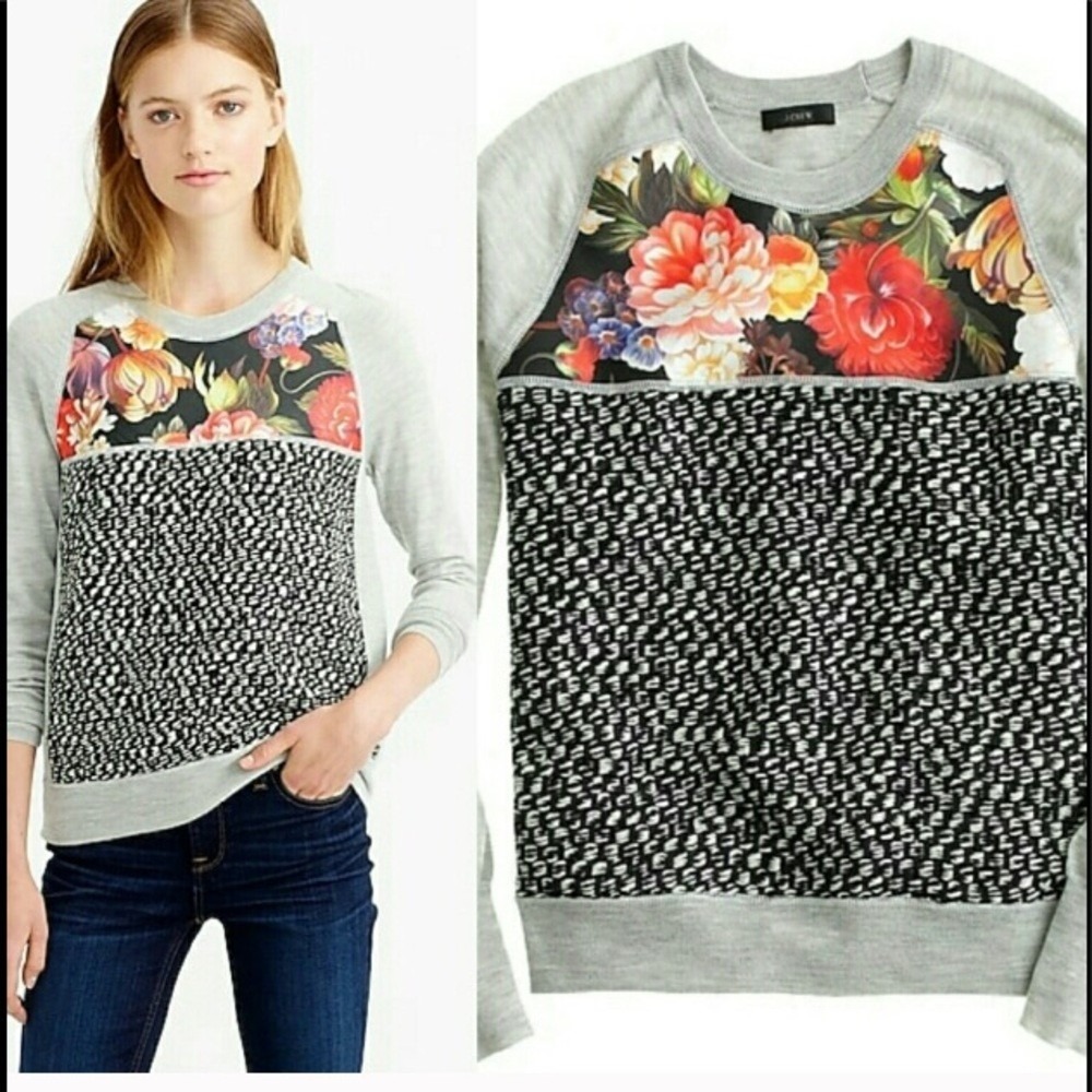 J. Crew Merino Wool Mixed Media Sweater Knit Silk Floral Panel B2265 -XS